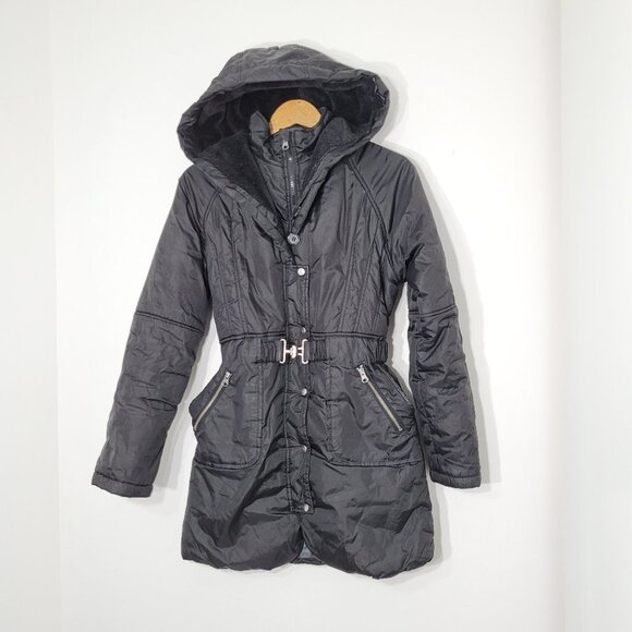 Folia Black Belted Classic Puffer Jacket Lined Hooded Winter Pockets Coat Office - Picture 1 of 16